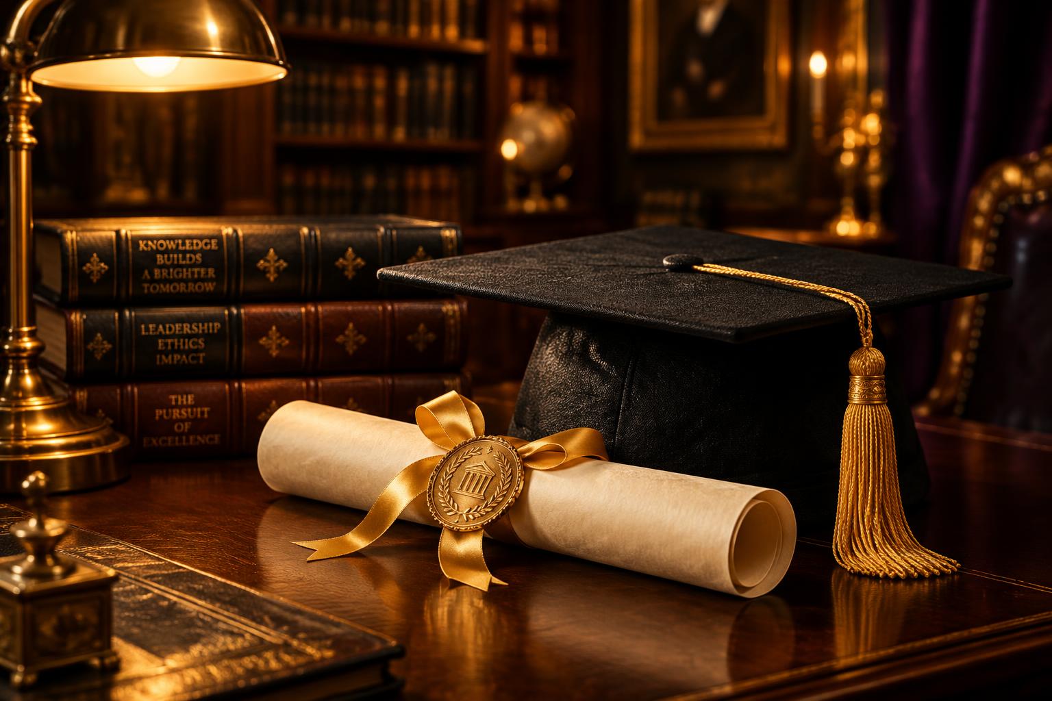 A mortarboard cap, gold-tasseled diploma, and leather-bound books on a dark library desk in warm golden light