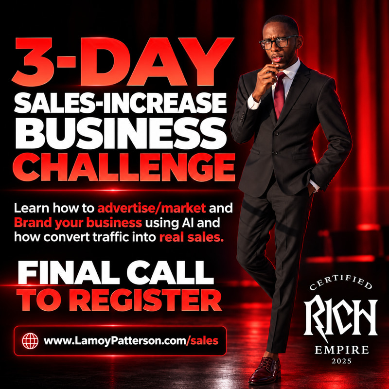 Promotional graphic for the 3-Day Sales-Increase Business Challenge, with a man in a black suit and red tie against red illuminated panels