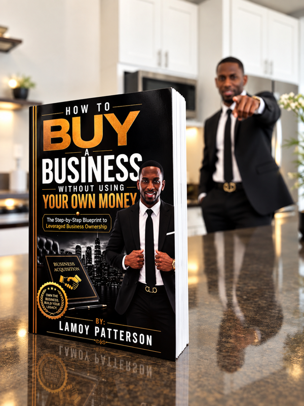How to Buy a Business Without Using Your Own Money by Lamoy Patterson — the paperback edition standing upright on a granite countertop, its cover reading “Own the business. Build your legacy.”