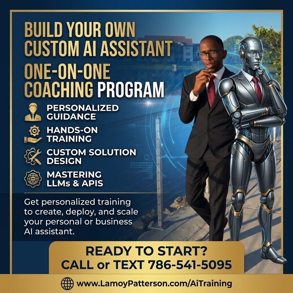 The 1-on-1 AI Assistant Coaching Program flyer — BUILD YOUR OWN CUSTOM AI ASSISTANT, ONE-ON-ONE COACHING PROGRAM, with the feature list Personalized Guidance, Hands-on Training, Custom Solution Design and Mastering LLMs & APIs.
