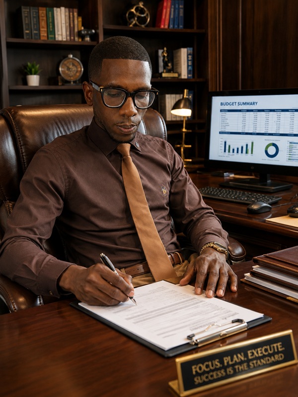 The Certified Rich Empire coach at his desk, planning a business roadmap